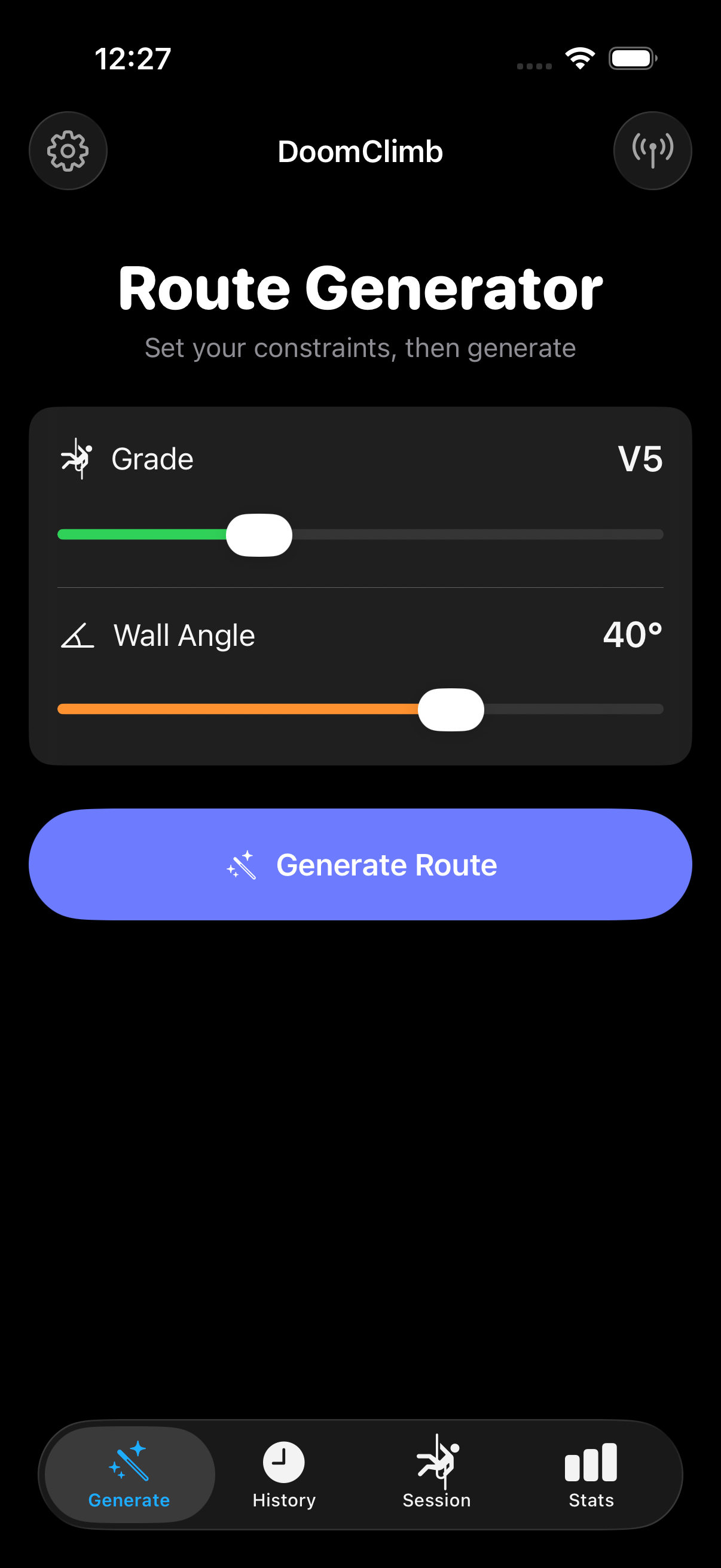 DoomClimb route generator with grade and angle sliders