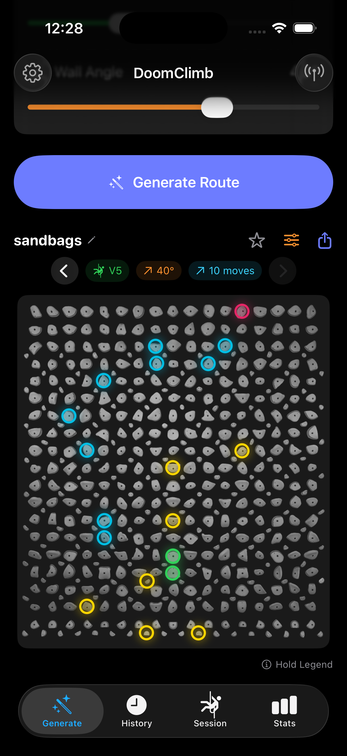 A generated V5 route shown on the virtual Kilter board