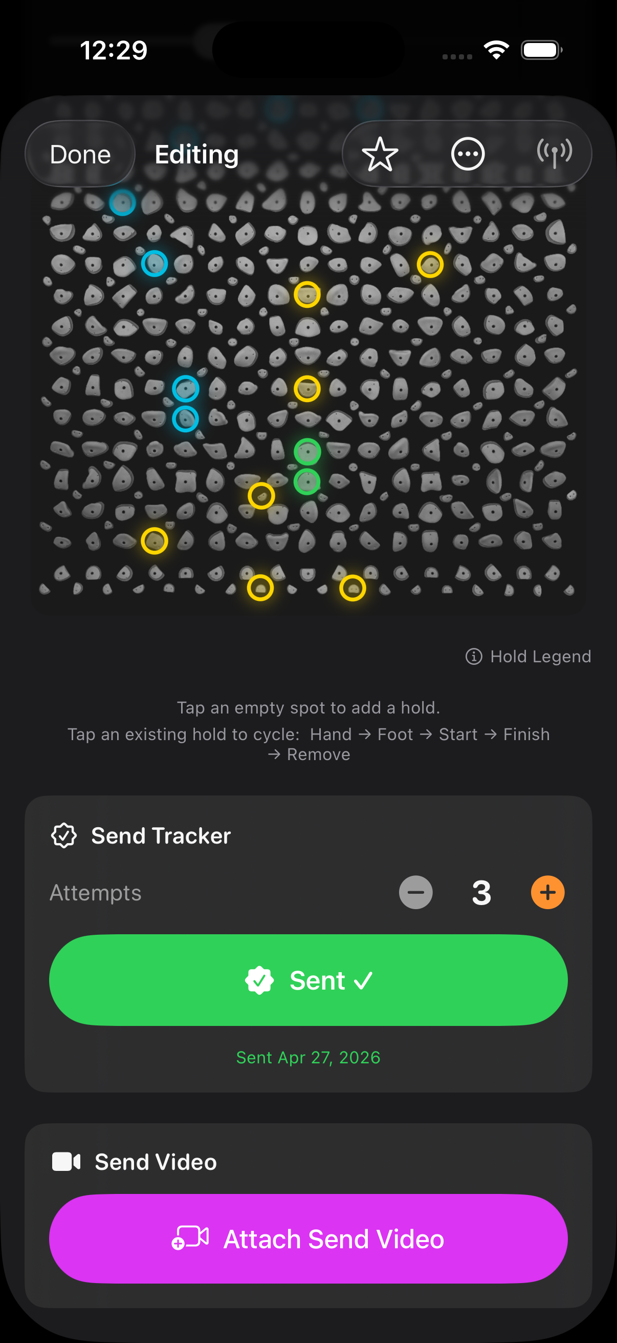 Send tracker showing 3 attempts and a sent climb