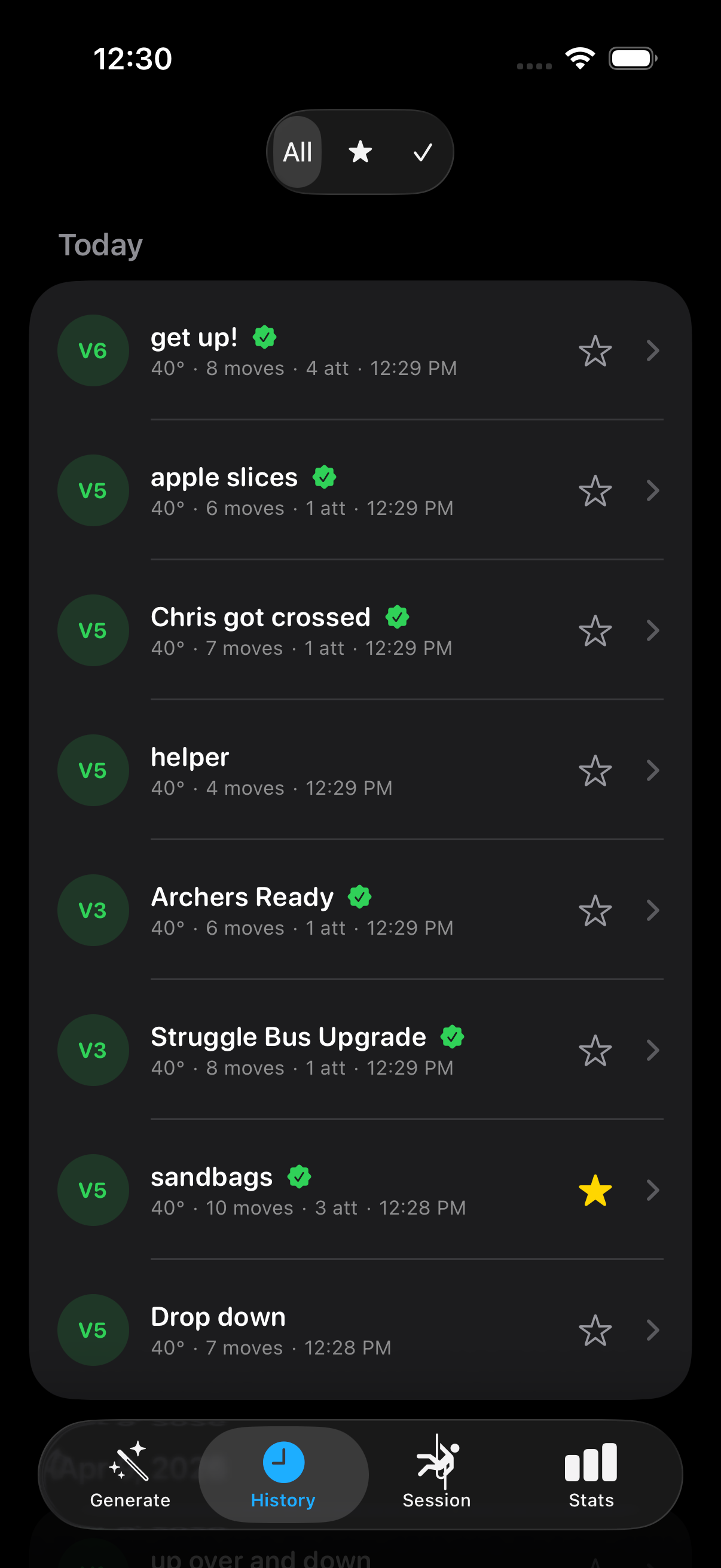 Day-grouped history of saved climbs