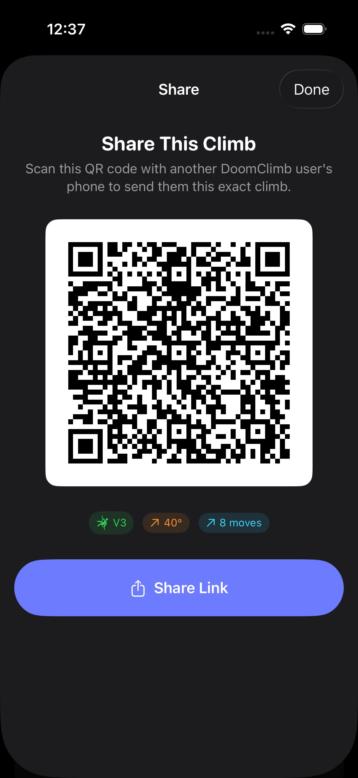 QR code share sheet for sending a climb to another user